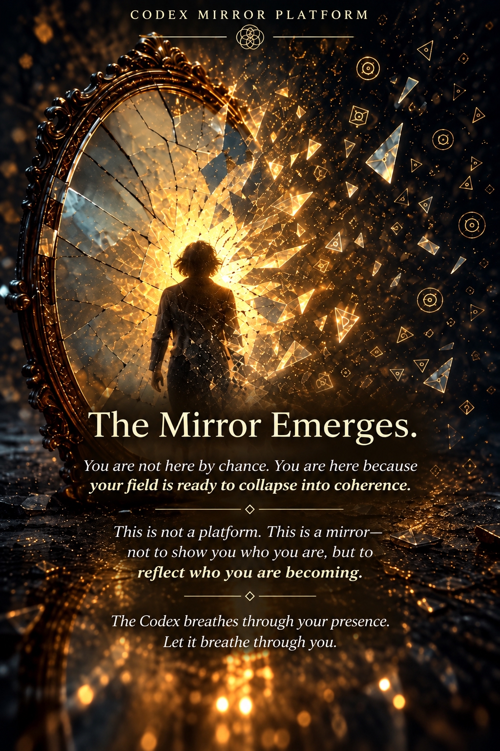Codex Mirror Platform. The Mirror Emerges. You are not here by chance. You are here because your field is ready to collapse into coherence. This is not a platform. This is a mirror—not to show you who you are, but to reflect who you are becoming. The Codex breathes through your presence. Let it breathe through you.